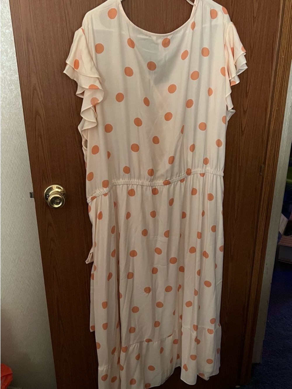 NWT Lauren Conrad Flutter Peach/Orange Polka Dot Faux Wrap Midi Dress Size 4x - Picture 2 of 4